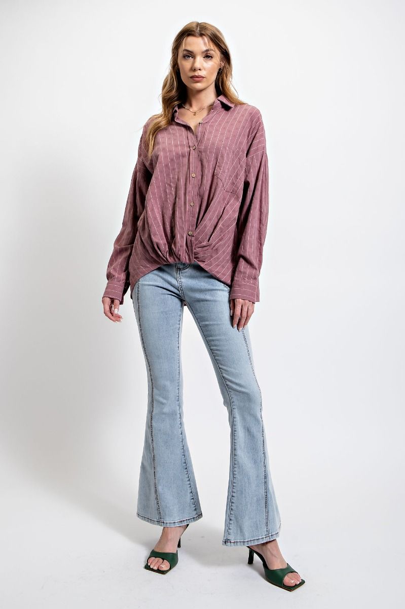 Easel Plus Poly Linen Pinstripe Twisted Button Down Tops