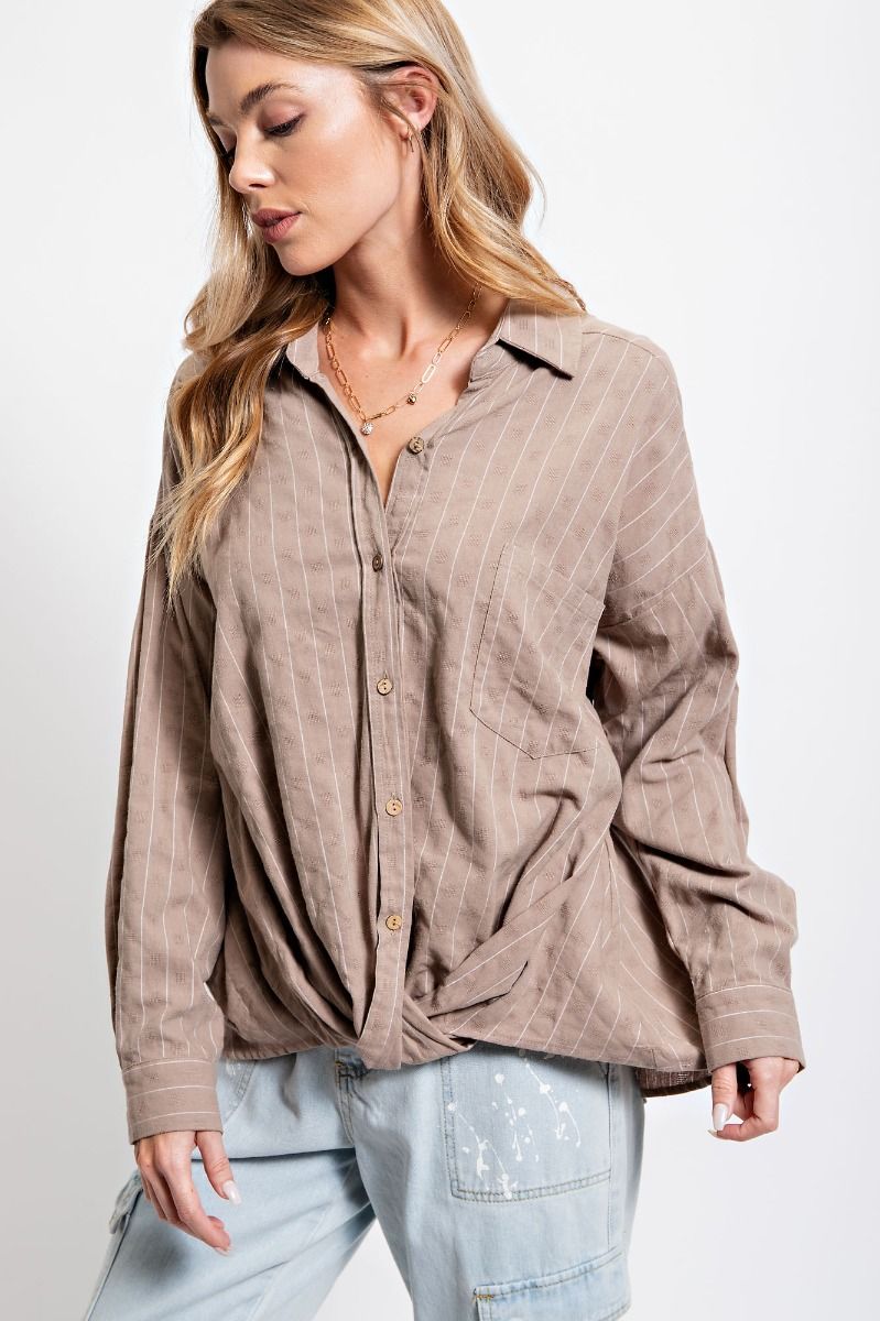 Easel Plus Poly Linen Pinstripe Twisted Button Down Tops