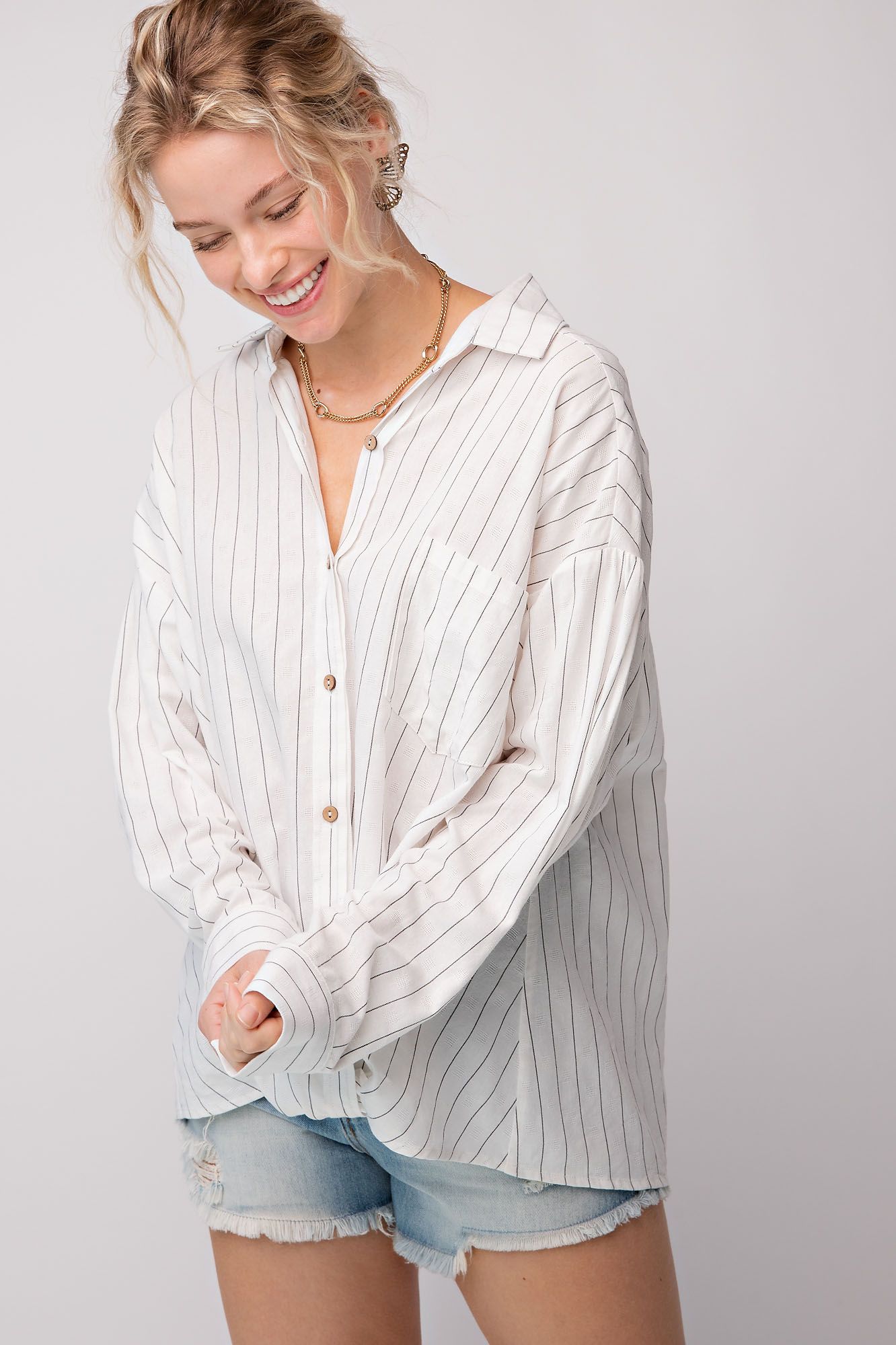 Easel Plus Poly Linen Pinstripe Twisted Button Down Tops