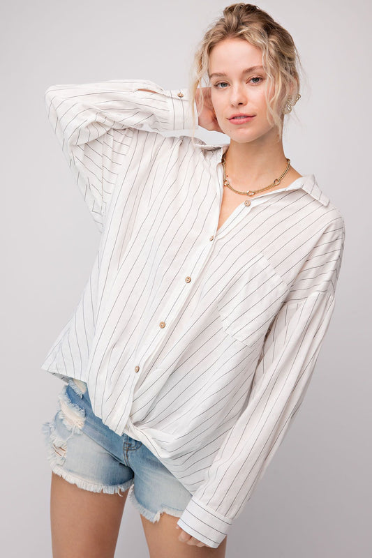Easel Plus Poly Linen Pinstripe Twisted Button Down Tops