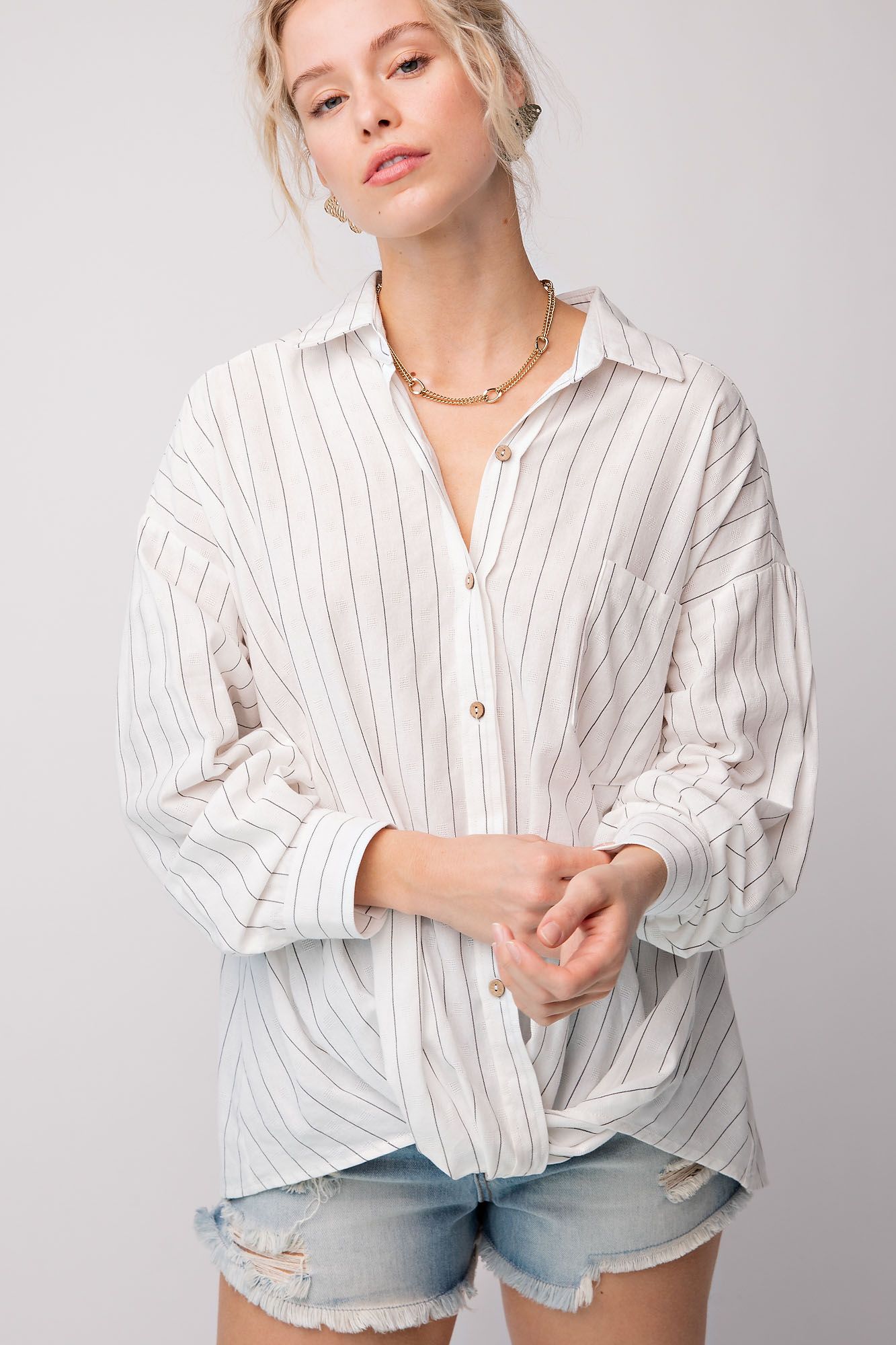 Easel Plus Poly Linen Pinstripe Twisted Button Down Tops