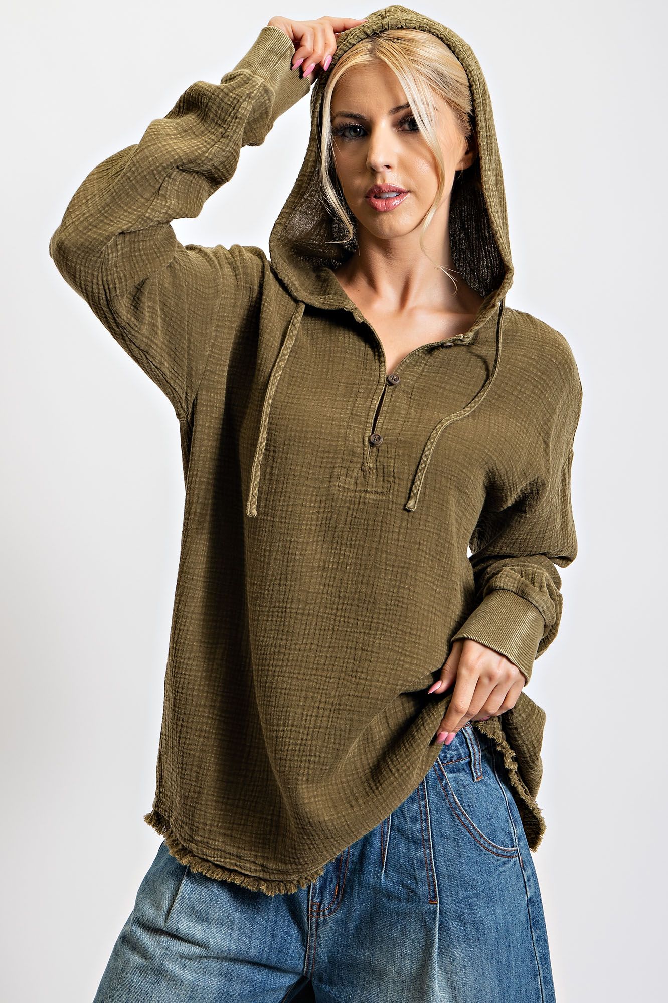Easel Plus Washed Cotton Gauze Pullover Hoodie Tops