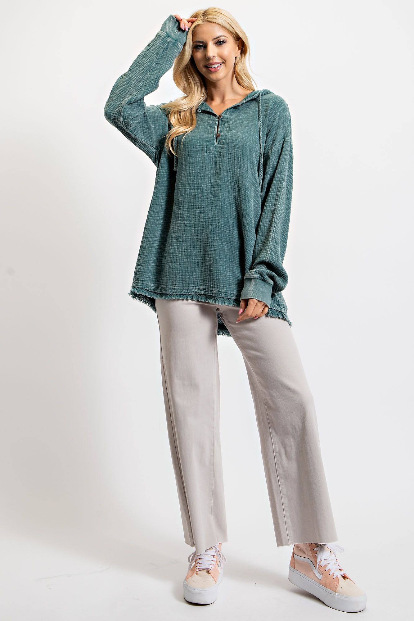 Easel Plus Washed Cotton Gauze Pullover Hoodie Tops