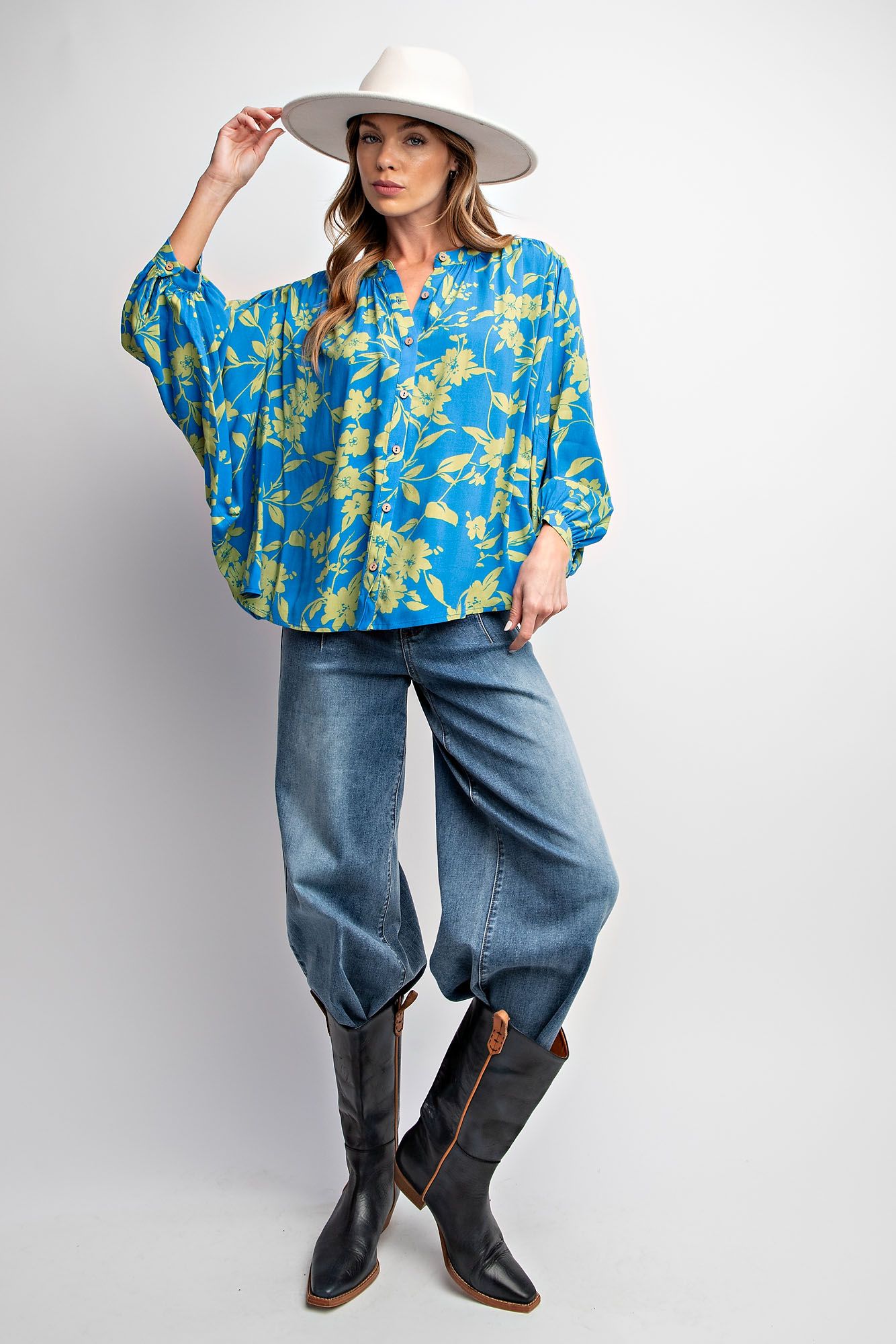 Easel Plus Floral Print Dolman Sleeve Challis Tops