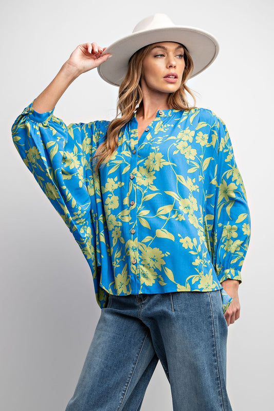 Easel Plus Floral Print Dolman Sleeve Challis Tops