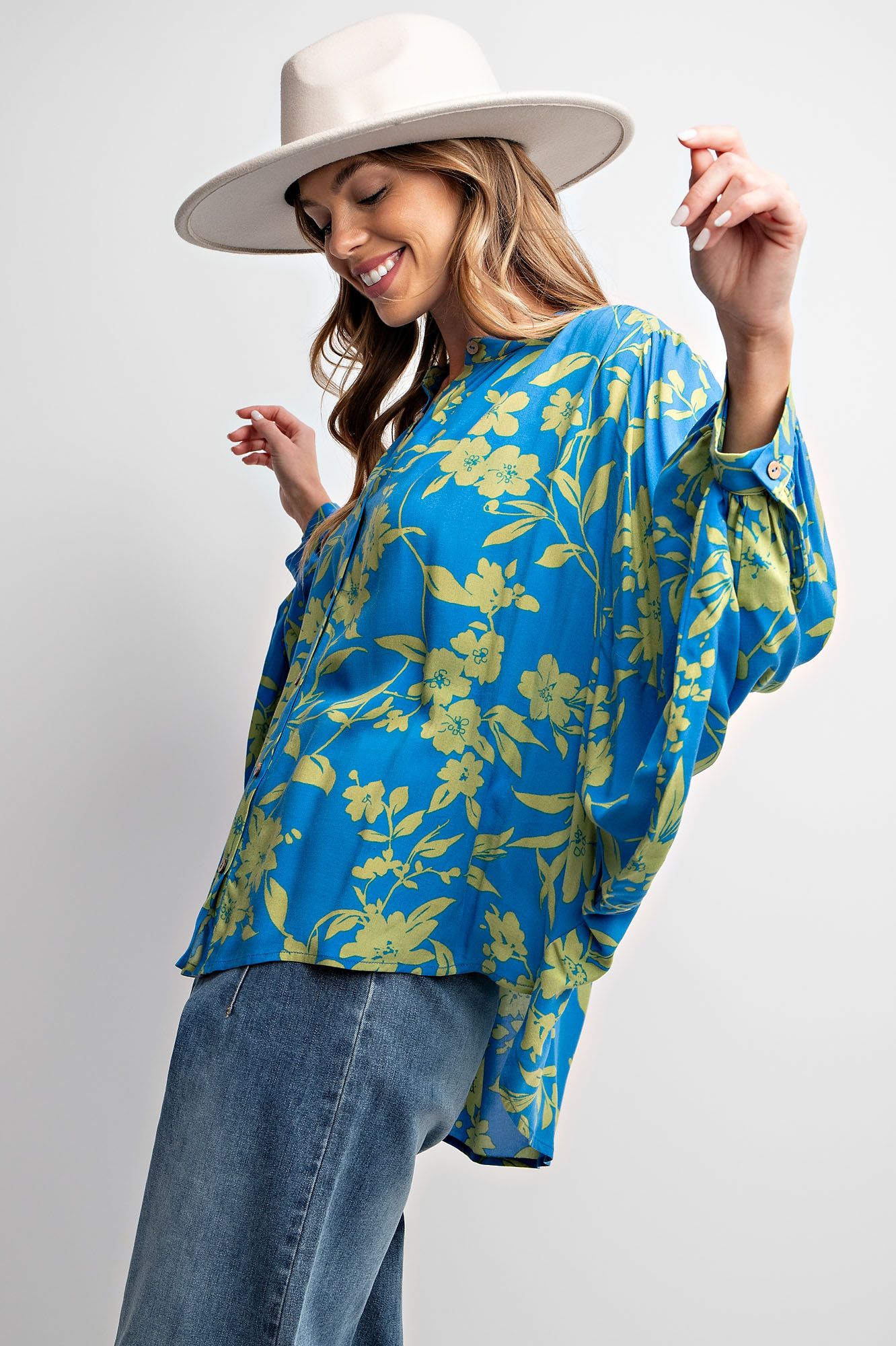 Easel Plus Floral Print Dolman Sleeve Challis Tops