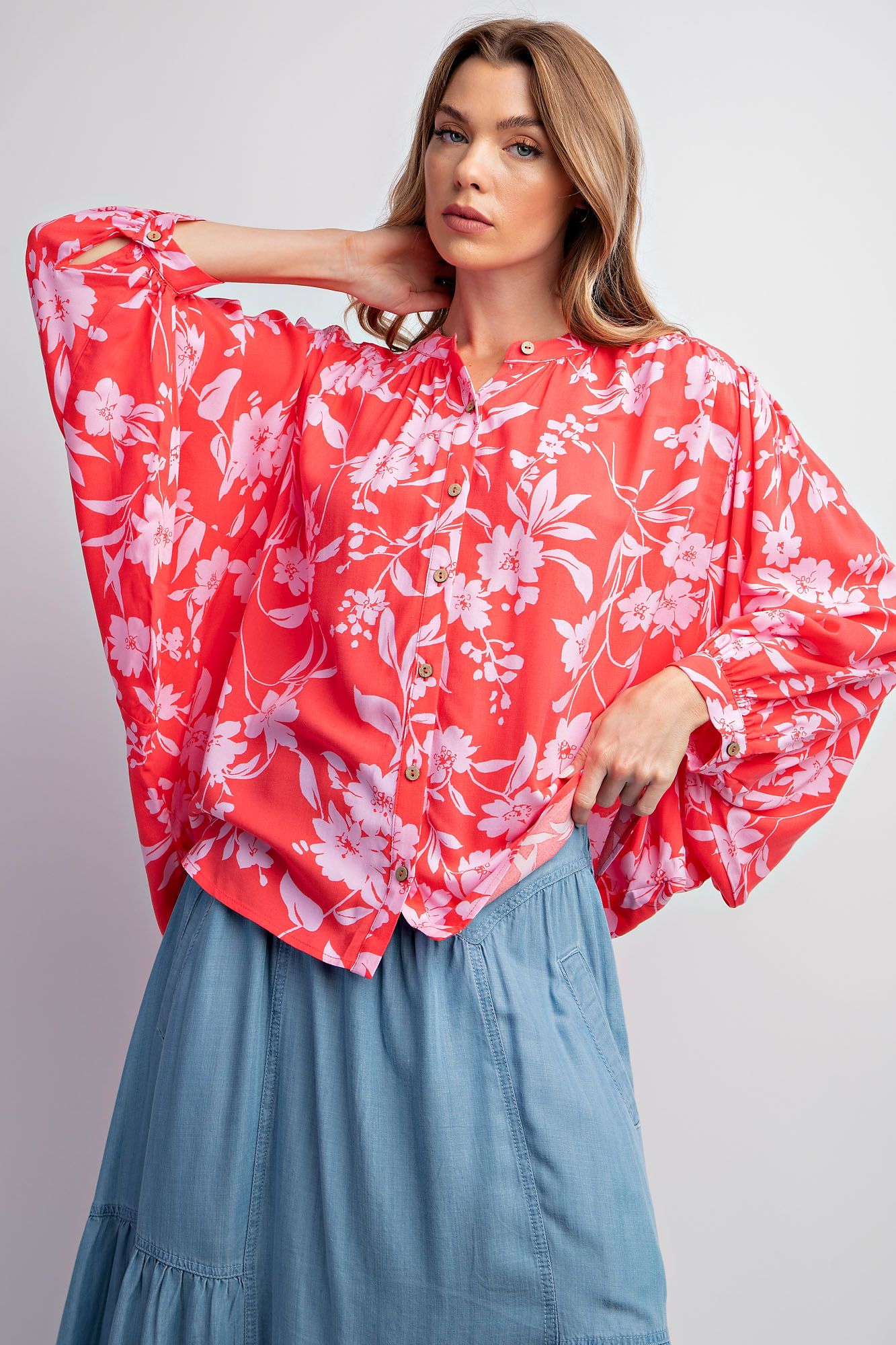 Easel Plus Floral Print Dolman Sleeve Challis Tops