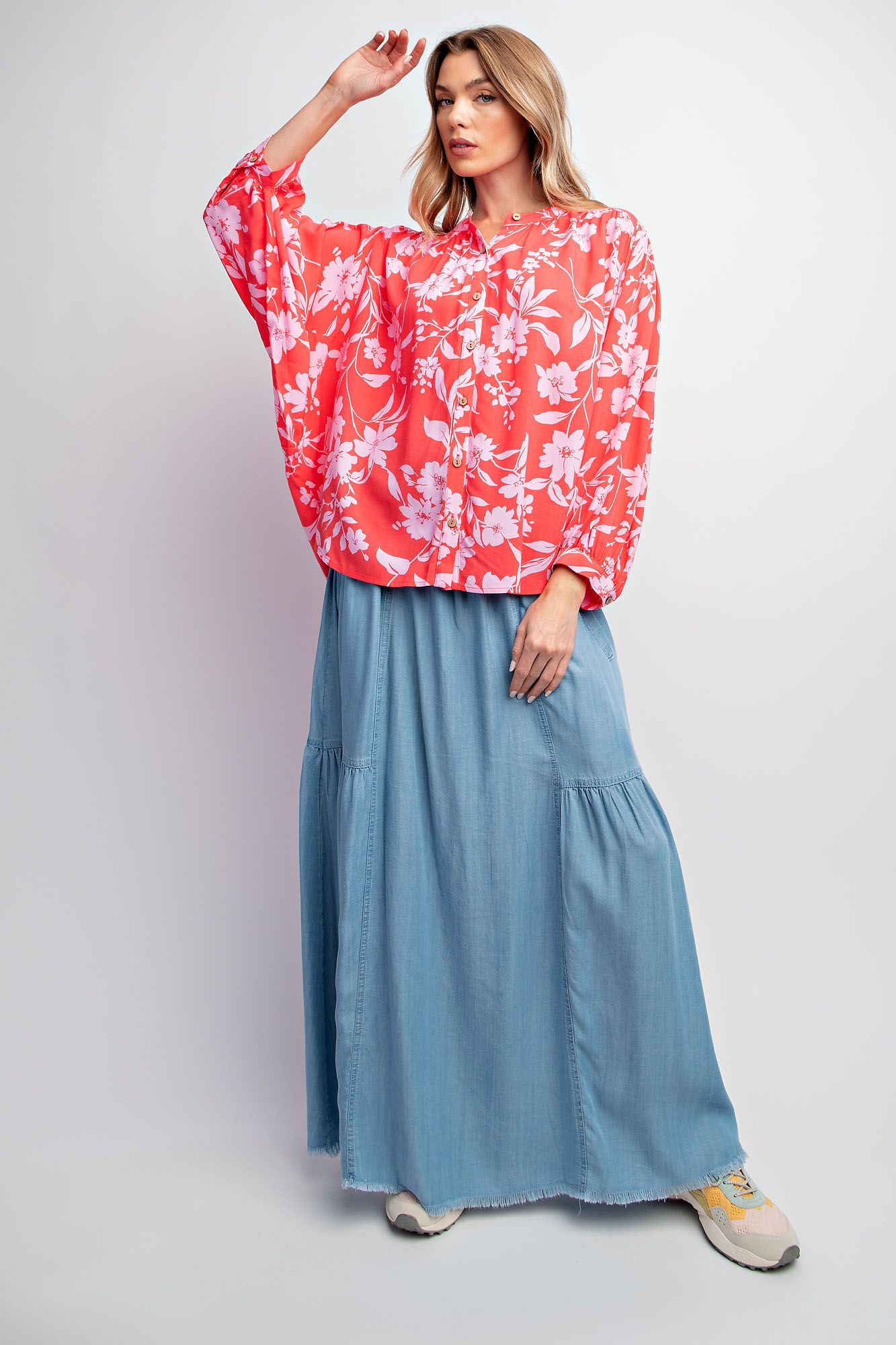 Easel Plus Floral Print Dolman Sleeve Challis Tops