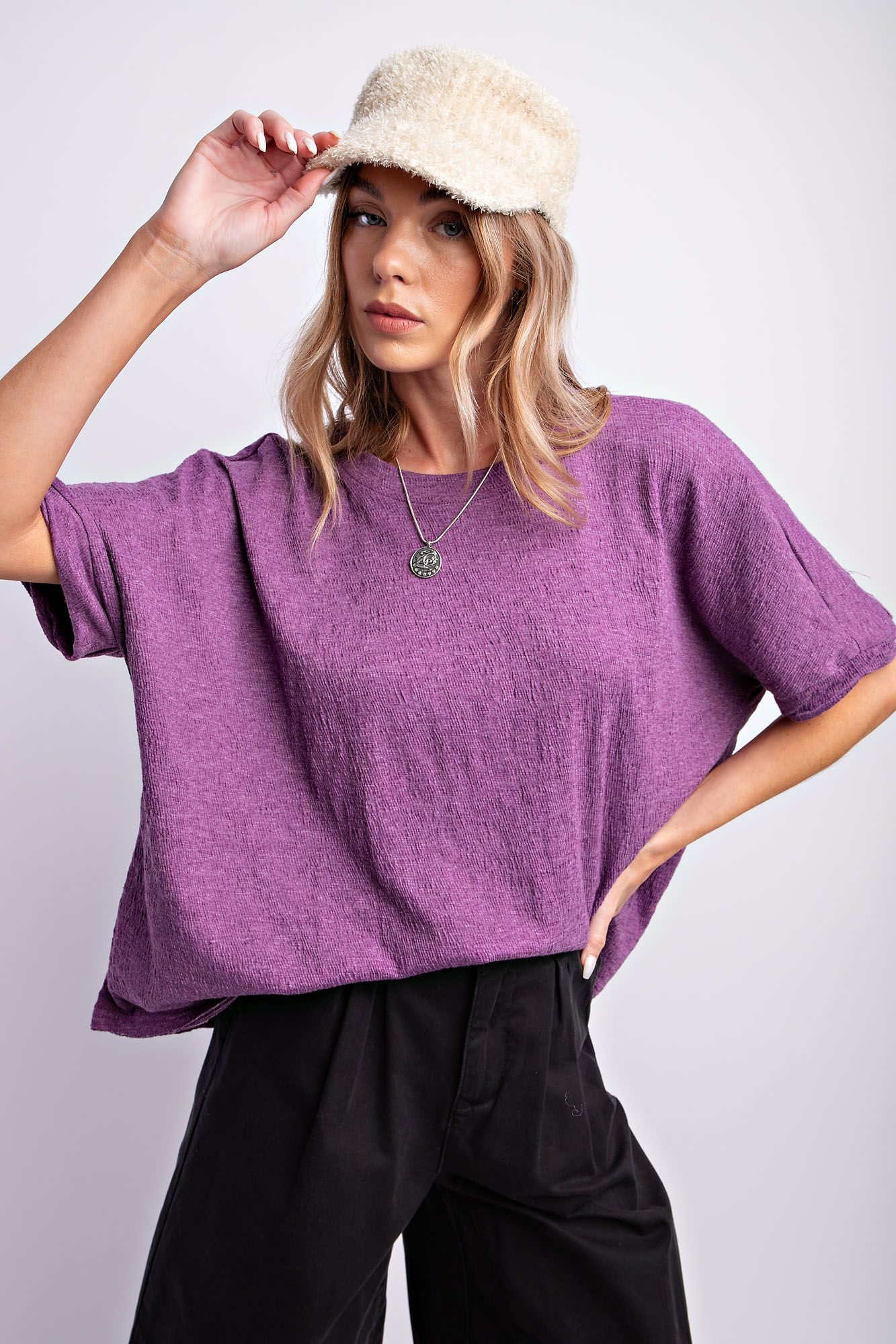 Easel Plus Twisted Cuffs Half Sleeves Cotton Boxy Tops