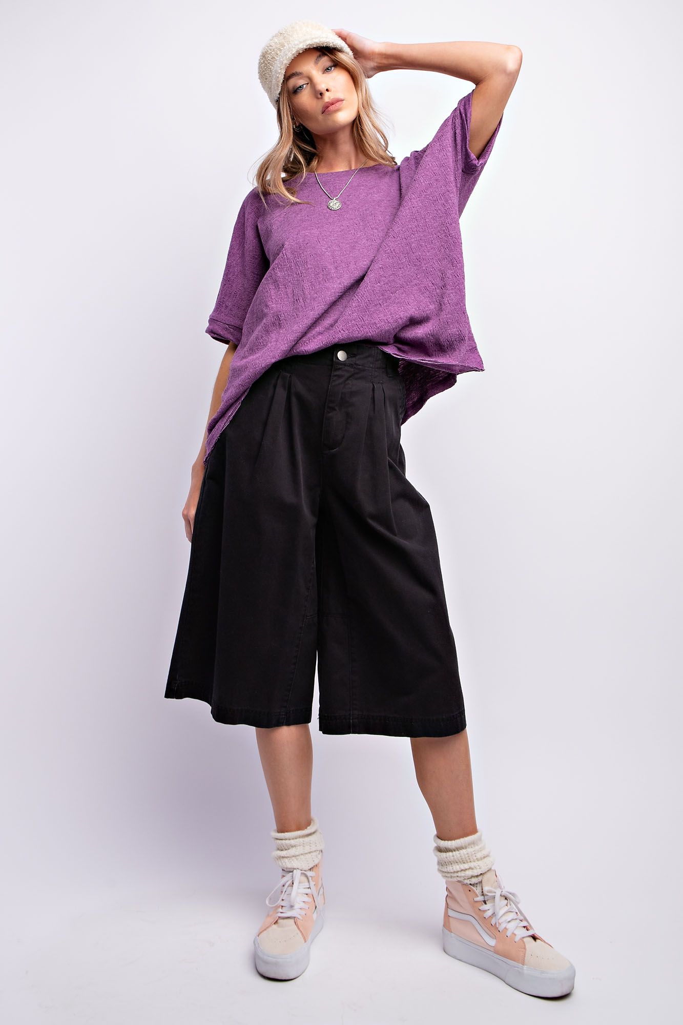 Easel Plus Twisted Cuffs Half Sleeves Cotton Boxy Tops