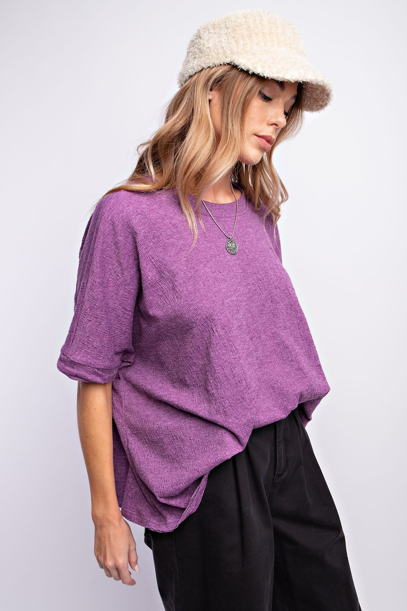 Easel Plus Twisted Cuffs Half Sleeves Cotton Boxy Tops