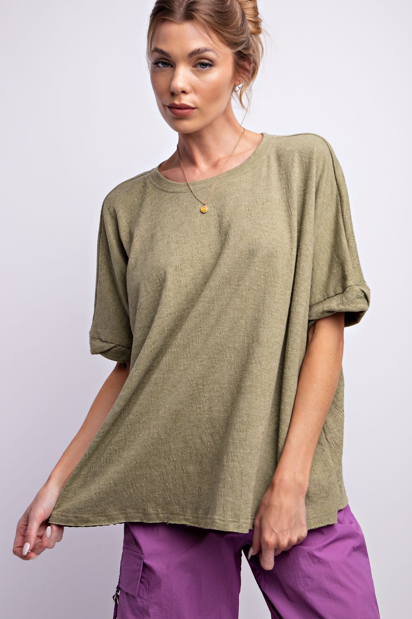 Easel Plus Twisted Cuffs Half Sleeves Cotton Boxy Tops