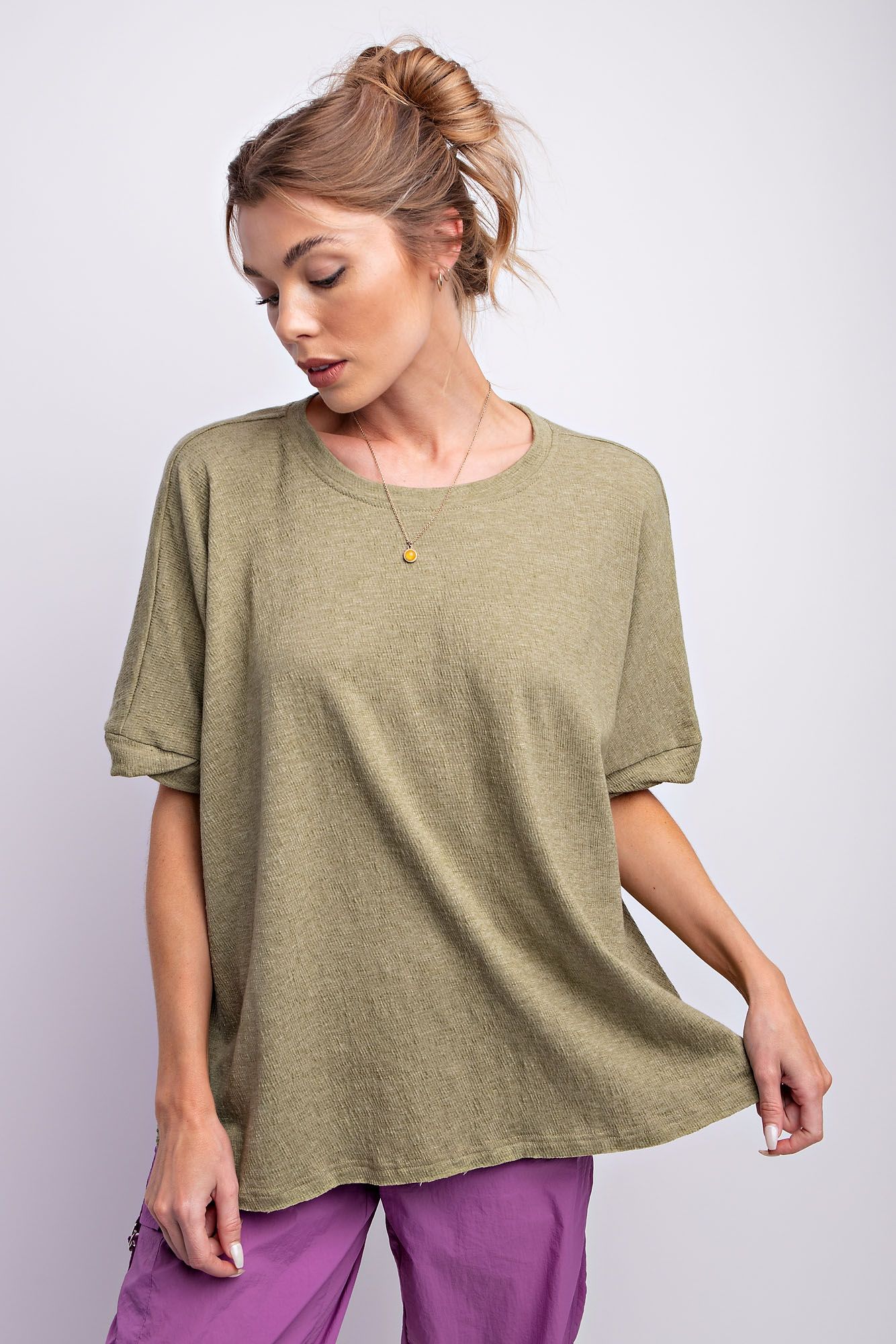Easel Plus Twisted Cuffs Half Sleeves Cotton Boxy Tops
