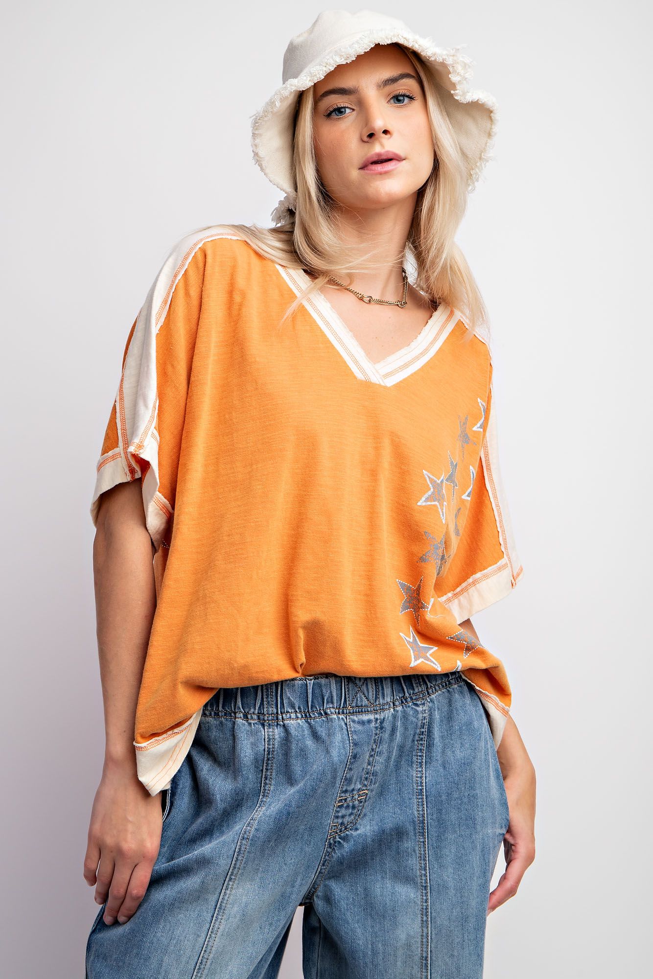 Easel Plus Star Print Mineral Washed Cotton Slub Tops