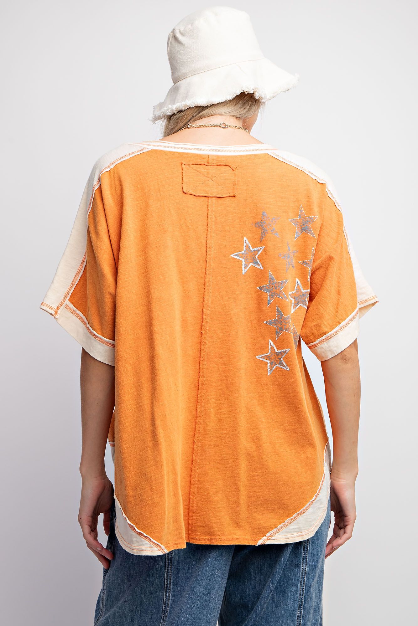 Easel Plus Star Print Mineral Washed Cotton Slub Tops
