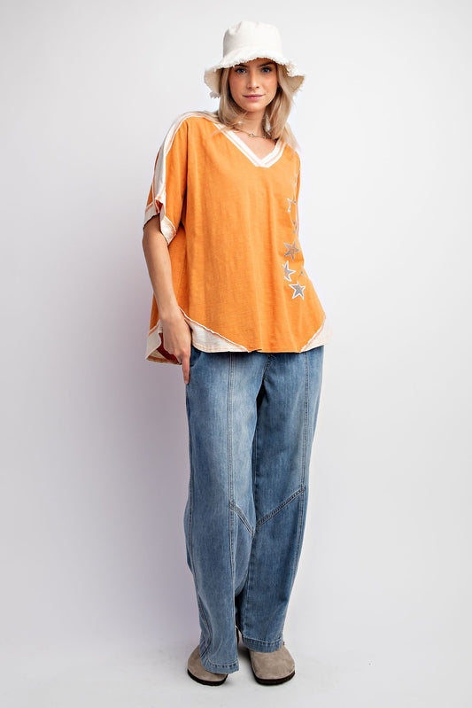 Easel Plus Star Print Mineral Washed Cotton Slub Tops