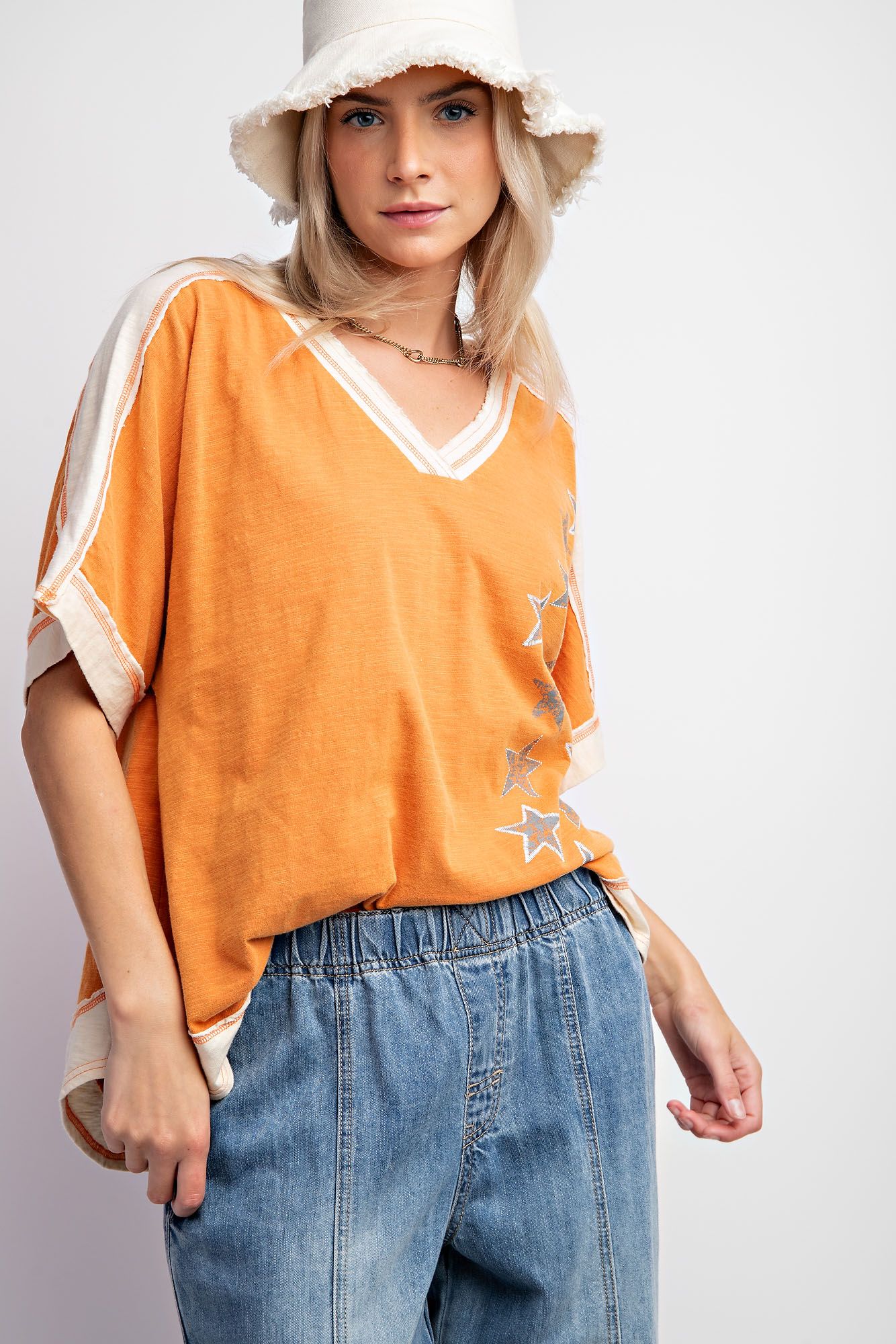 Easel Plus Star Print Mineral Washed Cotton Slub Tops