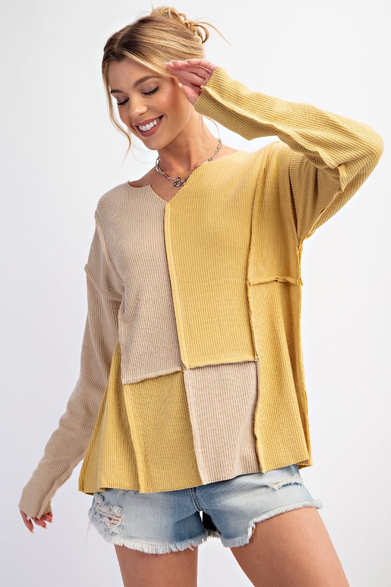Easel Plus Color Block Rib Outseam Notched Neck Knit Tops