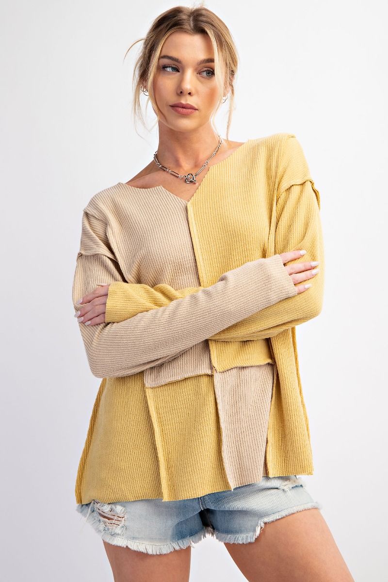 Easel Plus Color Block Rib Outseam Notched Neck Knit Tops