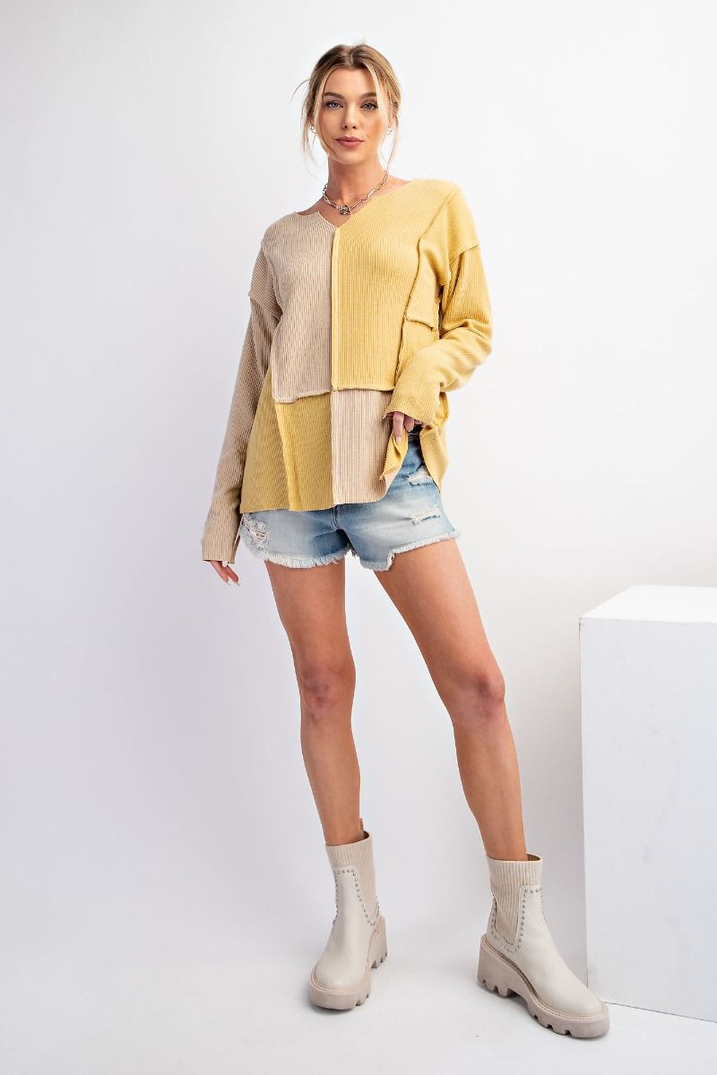 Easel Plus Color Block Rib Outseam Notched Neck Knit Tops