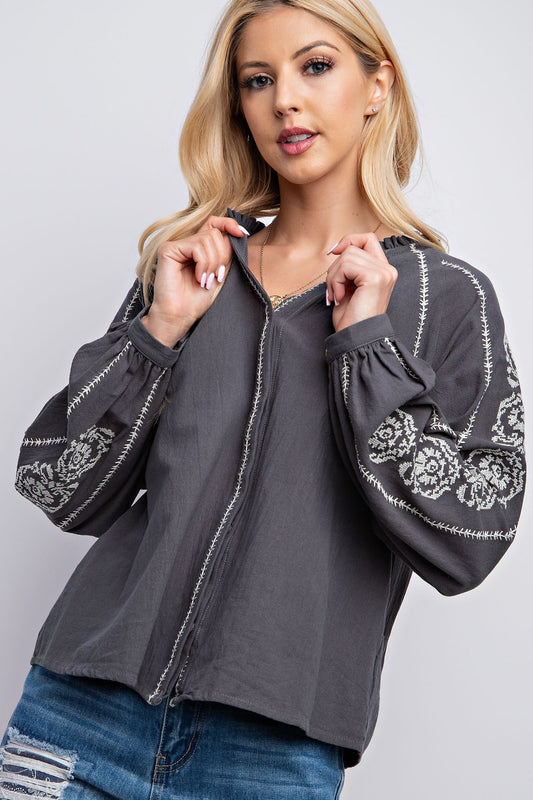 Easel Plus Embroidered Linen Gauze Loose Fit Notched Neck Tops