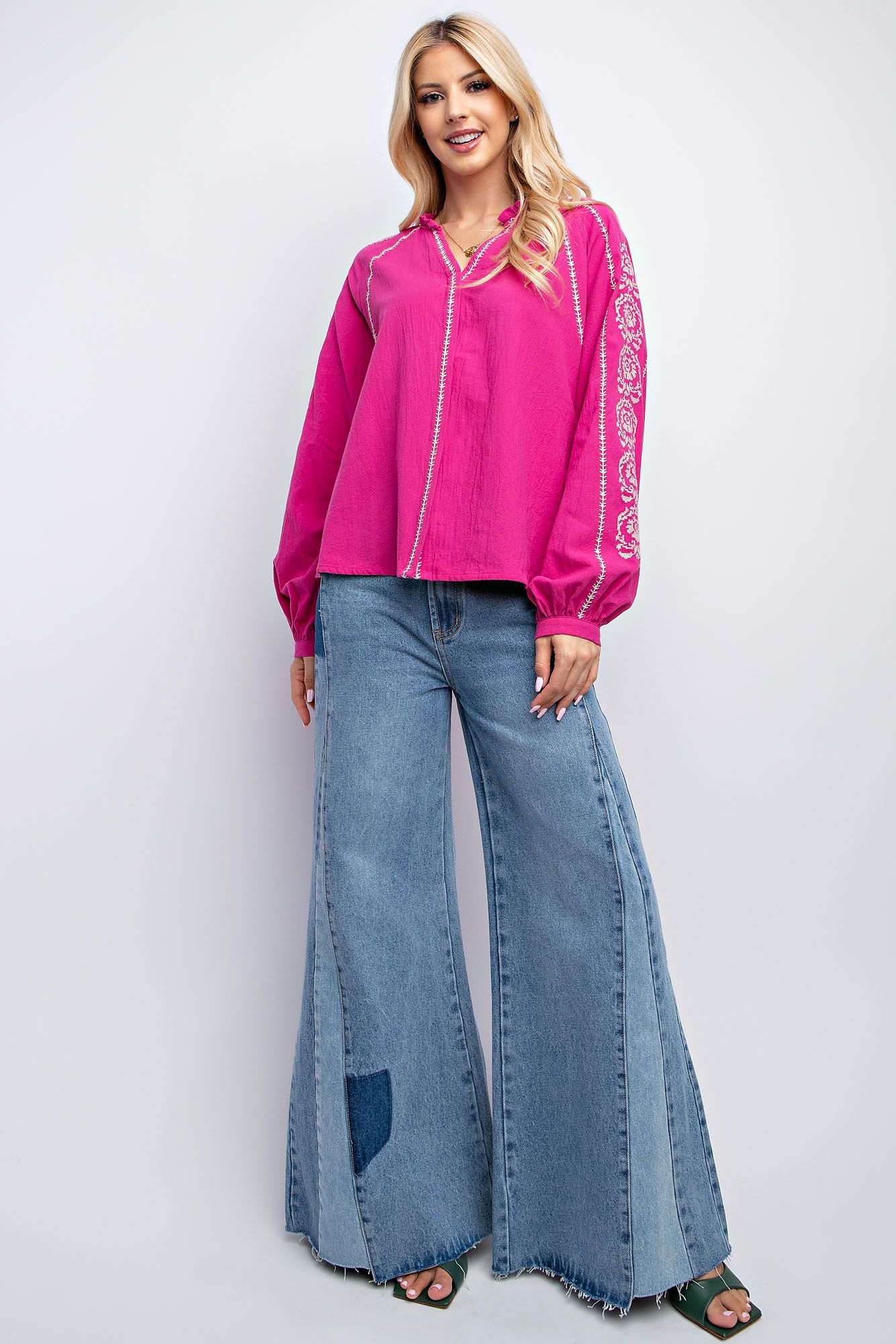 Easel Plus Embroidered Linen Gauze Loose Fit Notched Neck Tops