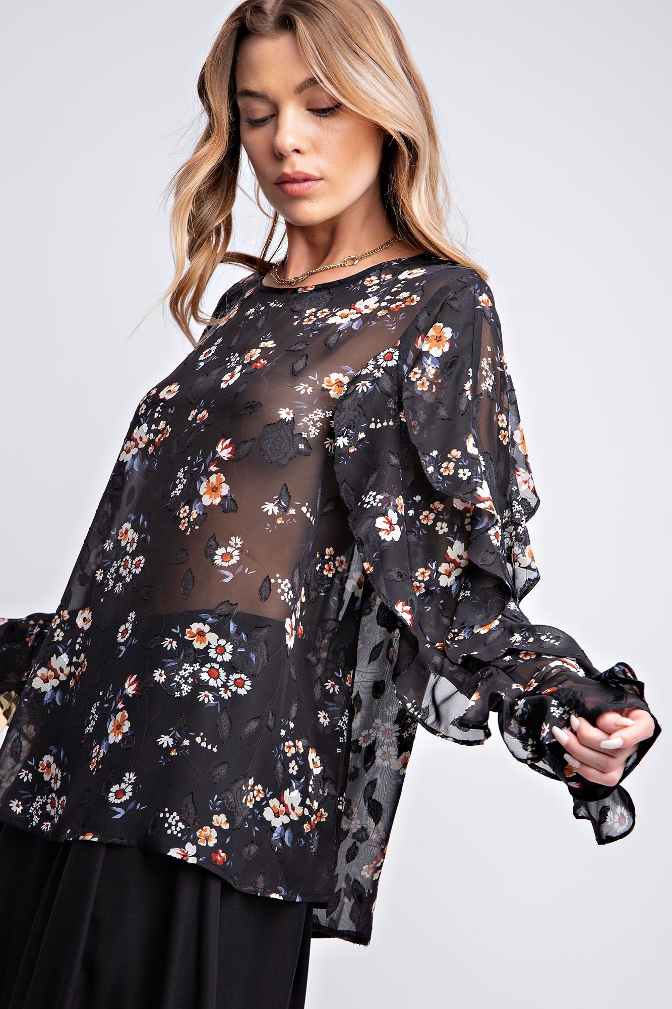 Easel Plus Burnout Floral Printed Chiffon Blouse Tops