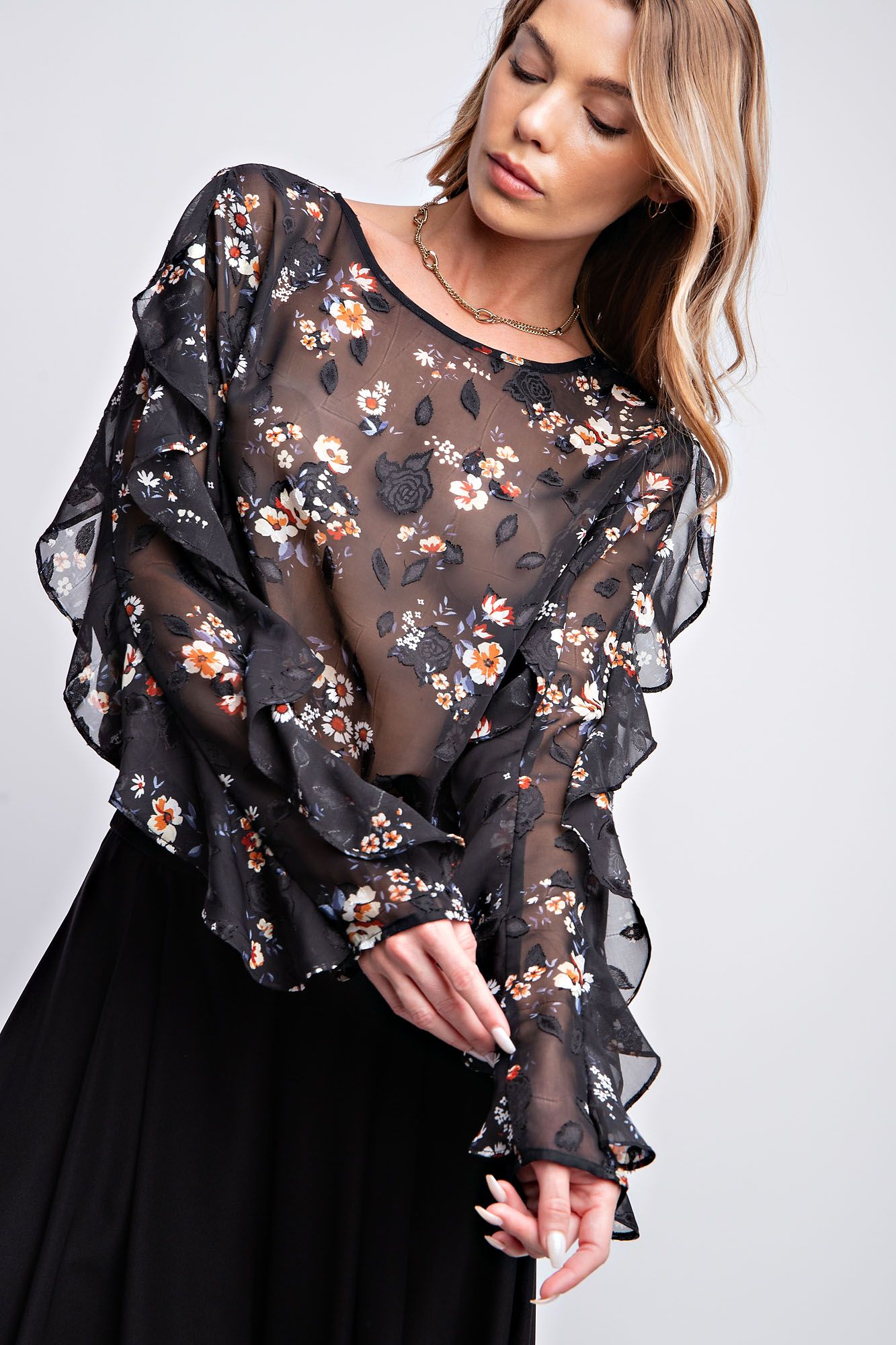 Easel Plus Burnout Floral Printed Chiffon Blouse Tops