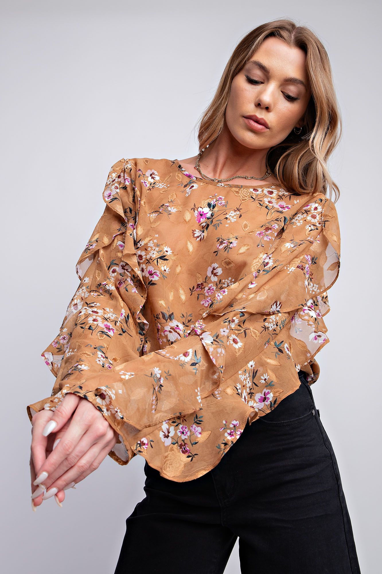 Easel Plus Burnout Floral Printed Chiffon Blouse Tops