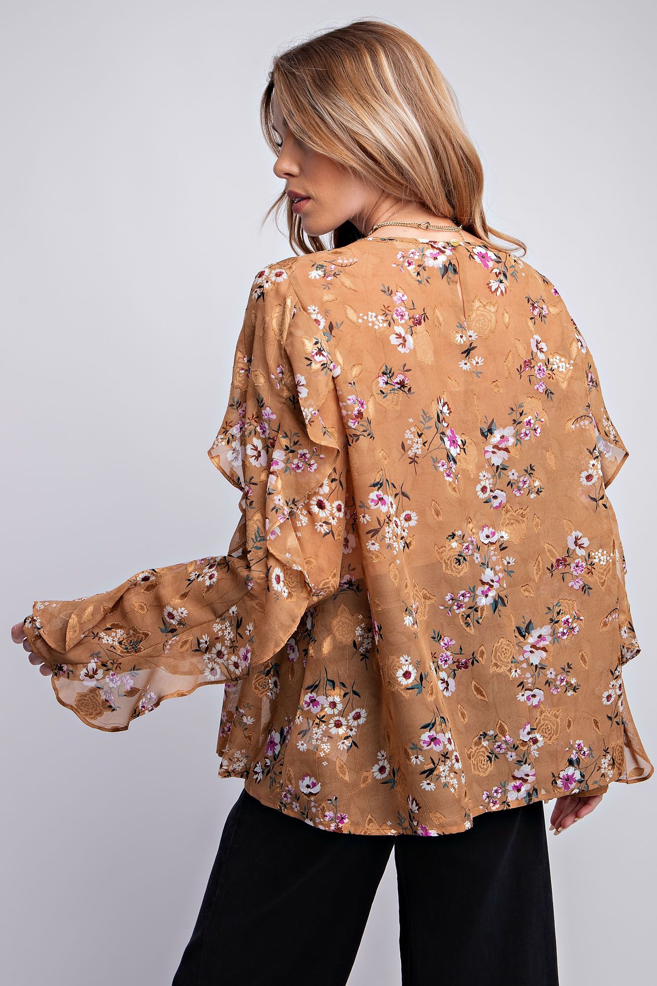 Easel Plus Burnout Floral Printed Chiffon Blouse Tops
