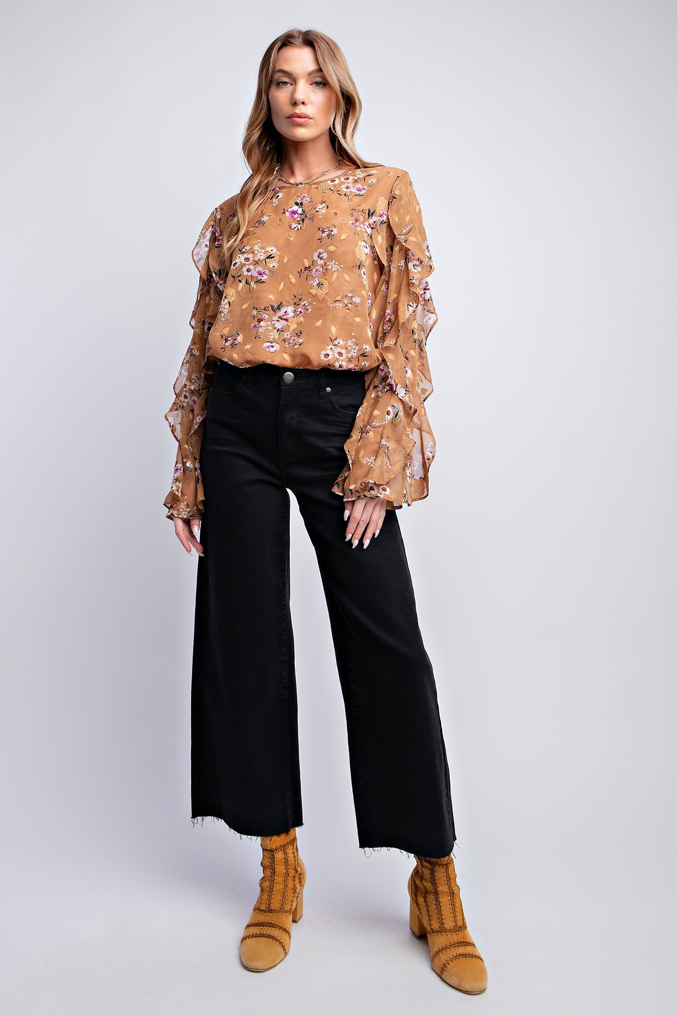 Easel Plus Burnout Floral Printed Chiffon Blouse Tops