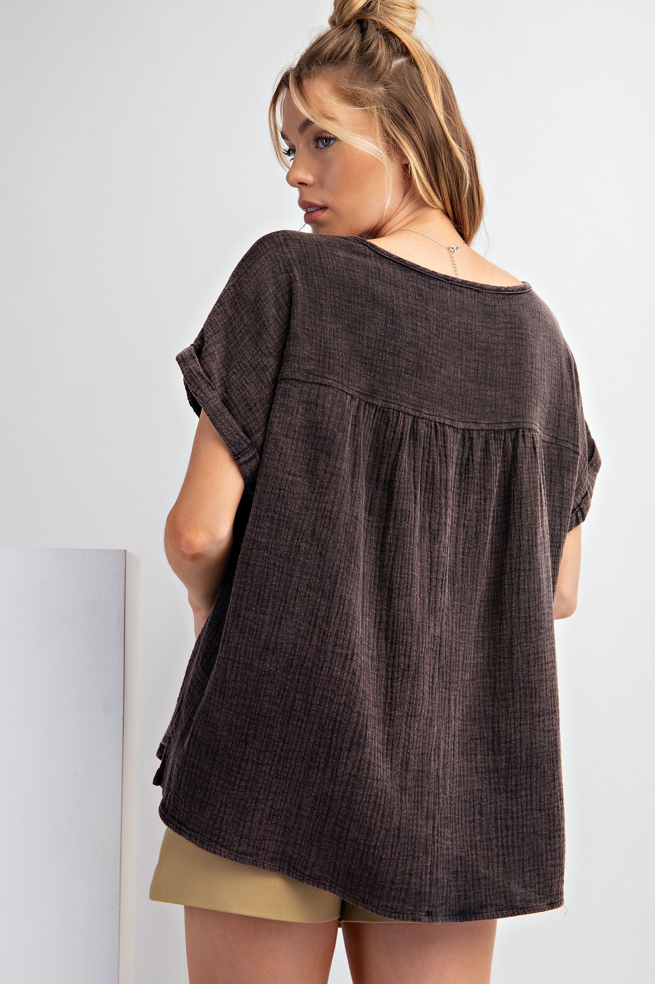 Easel Plus Mineral Washed Round Neck Roll Cuff Boxy Tops