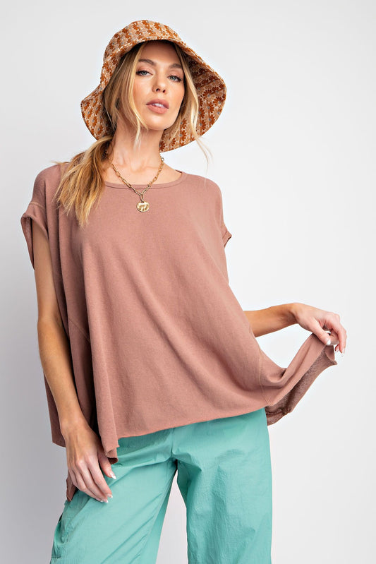 Easel Plus Drop Shoulder Cotton Slub Knit Round Neck Tops