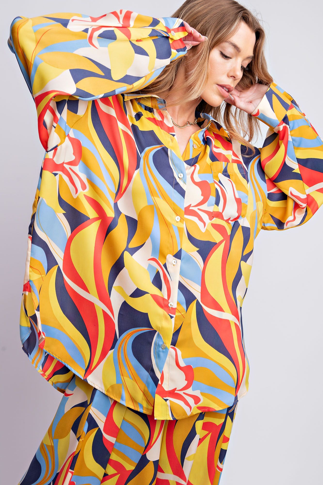 Easel Plus Vibrant Abstract Printed Mirabelle Satin Shirt Tops