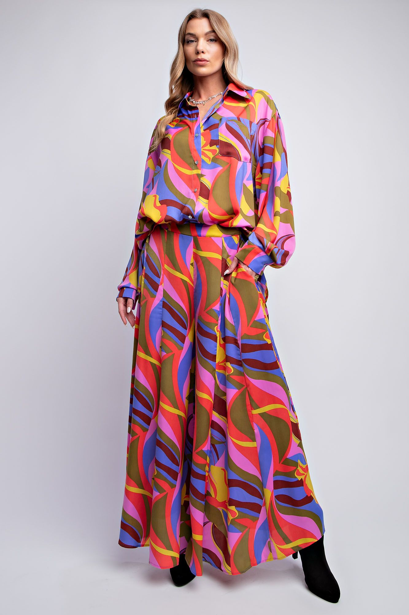 Easel Plus Vibrant Abstract Printed Mirabelle Satin Shirt Tops