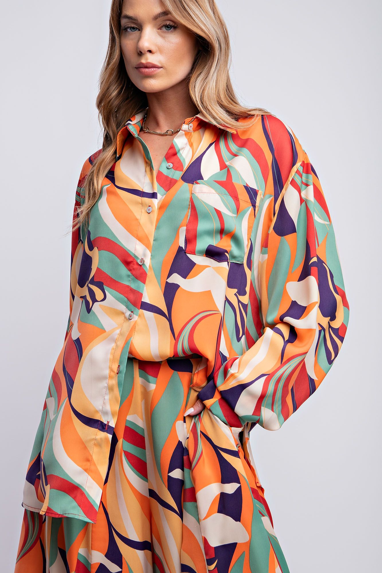 Easel Plus Vibrant Abstract Printed Mirabelle Satin Shirt Tops