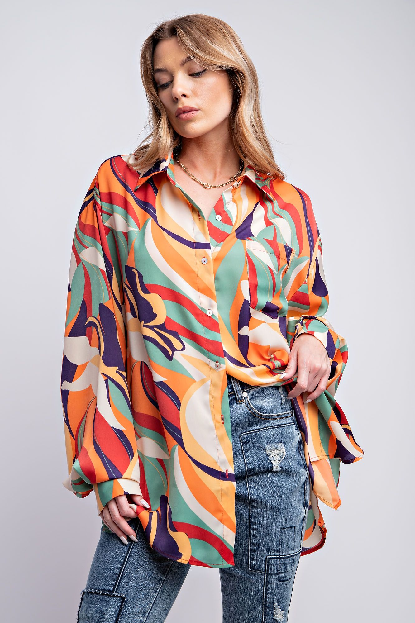 Easel Plus Vibrant Abstract Printed Mirabelle Satin Shirt Tops