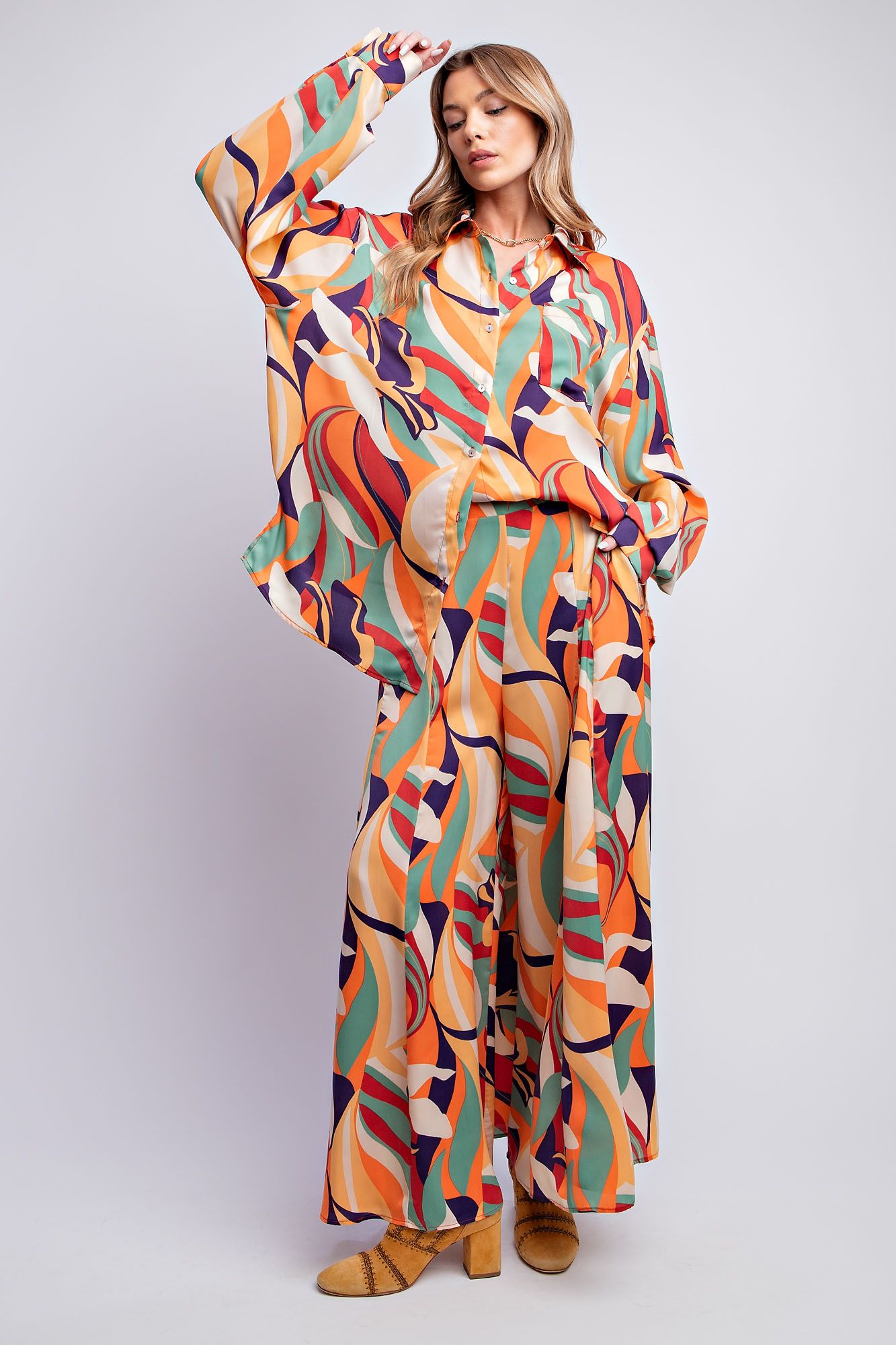 Easel Plus Vibrant Abstract Printed Mirabelle Satin Shirt Tops