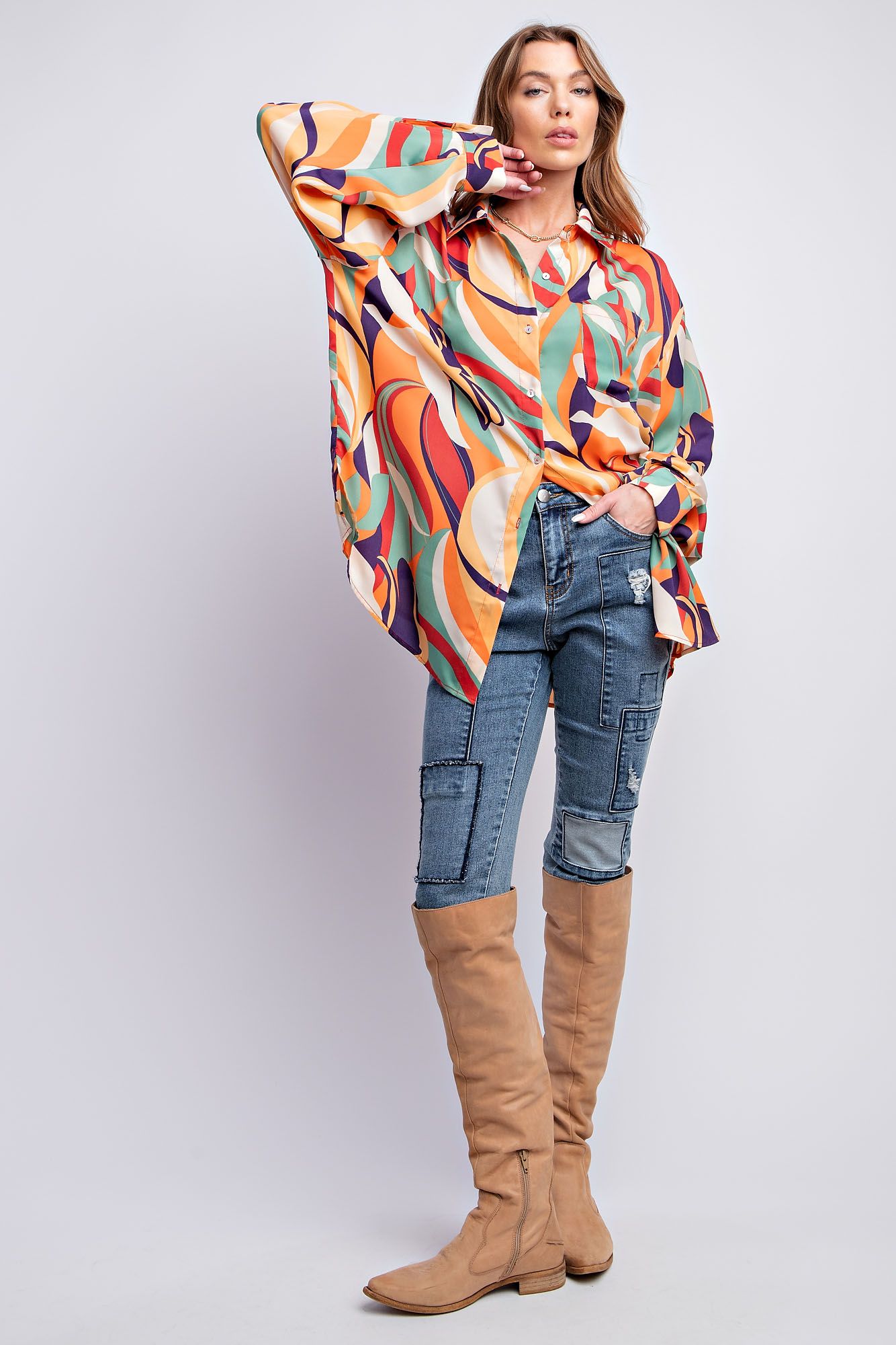 Easel Plus Vibrant Abstract Printed Mirabelle Satin Shirt Tops