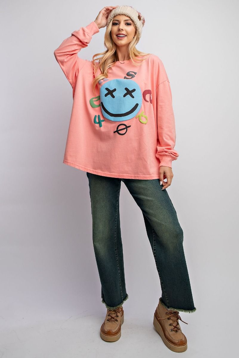 Easel Plus Smiley Face Mineral Washed Relaxed Fit Tops