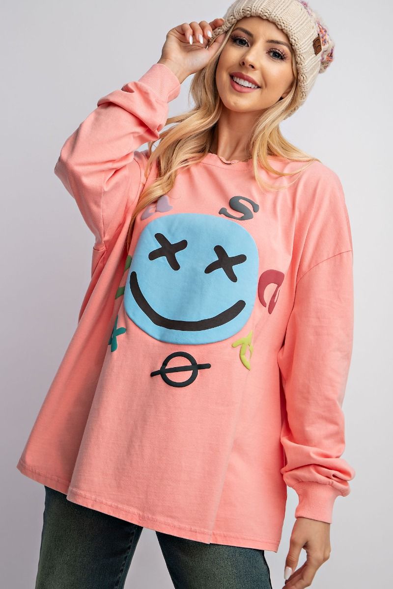 Easel Plus Smiley Face Mineral Washed Relaxed Fit Tops