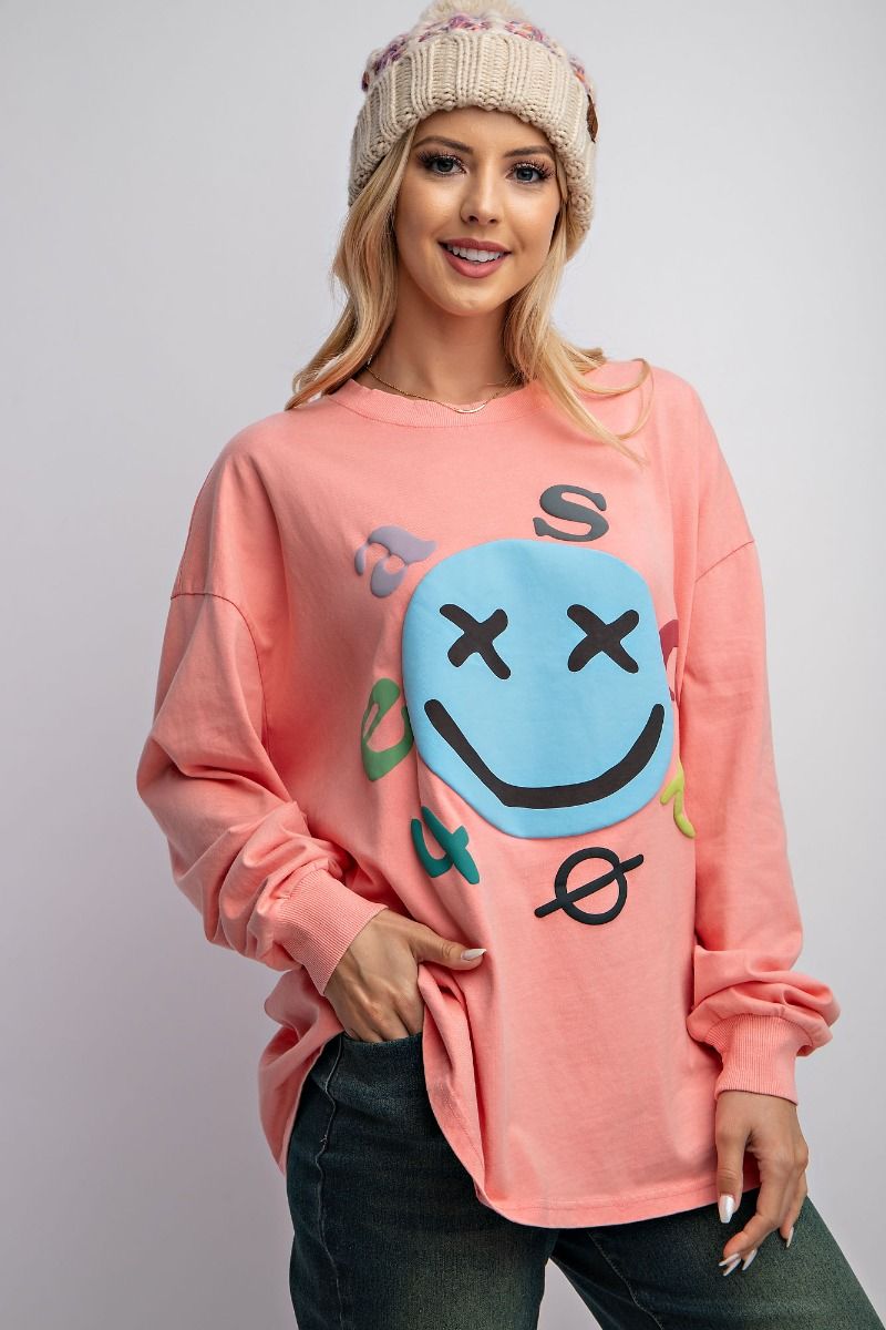 Easel Plus Smiley Face Mineral Washed Relaxed Fit Tops