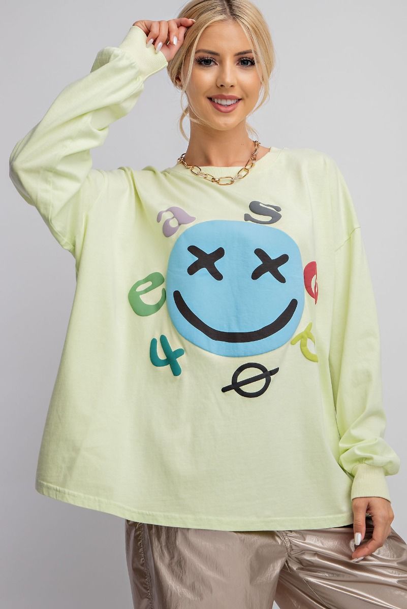 Easel Plus Smiley Face Mineral Washed Relaxed Fit Tops