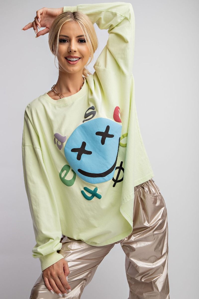 Easel Plus Smiley Face Mineral Washed Relaxed Fit Tops