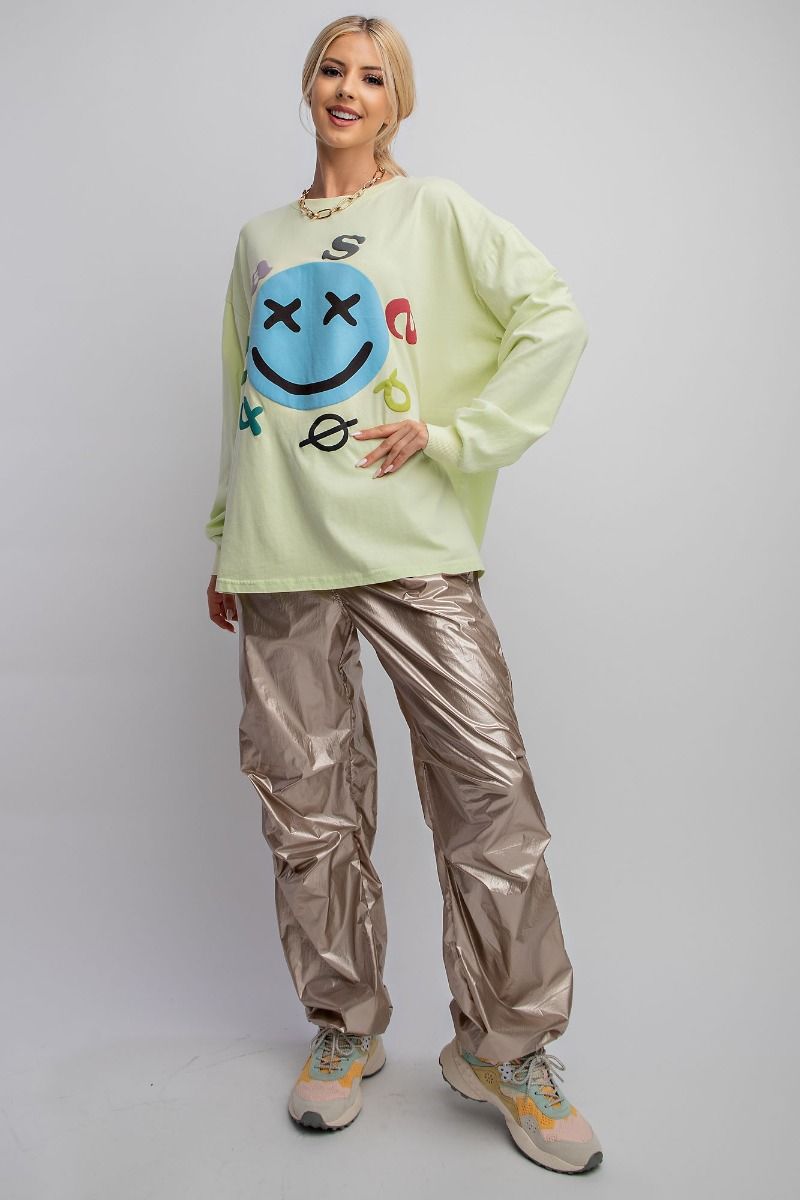 Easel Plus Smiley Face Mineral Washed Relaxed Fit Tops