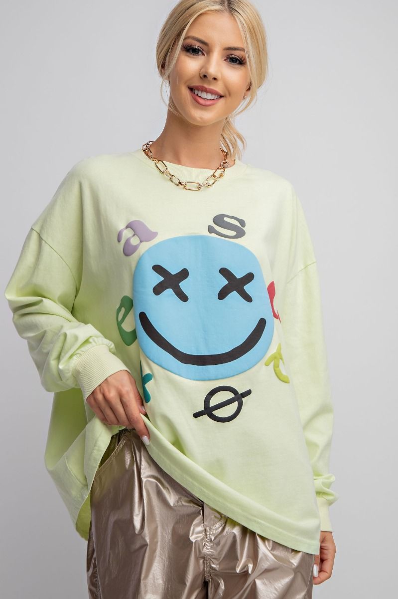 Easel Plus Smiley Face Mineral Washed Relaxed Fit Tops