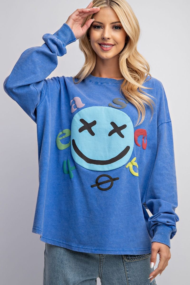 Easel Plus Smiley Face Mineral Washed Relaxed Fit Tops