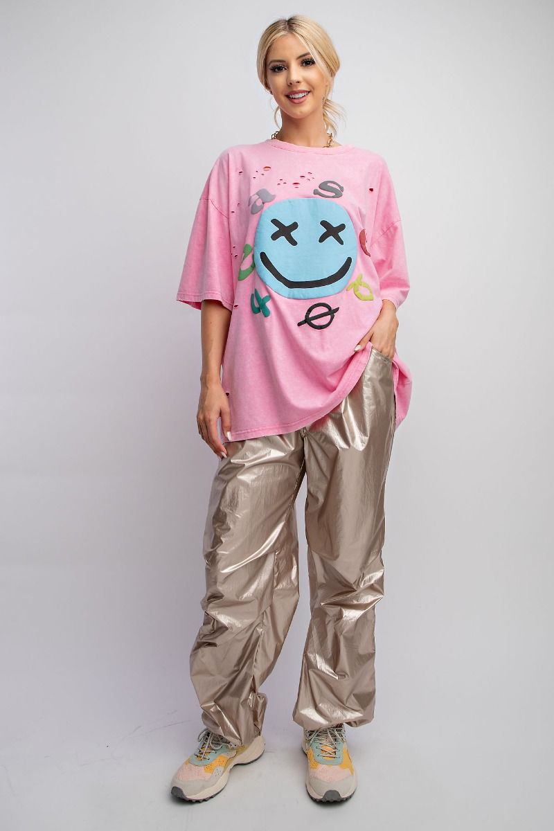 Easel Plus Mineral Washed Smiley Face Distressed Tops