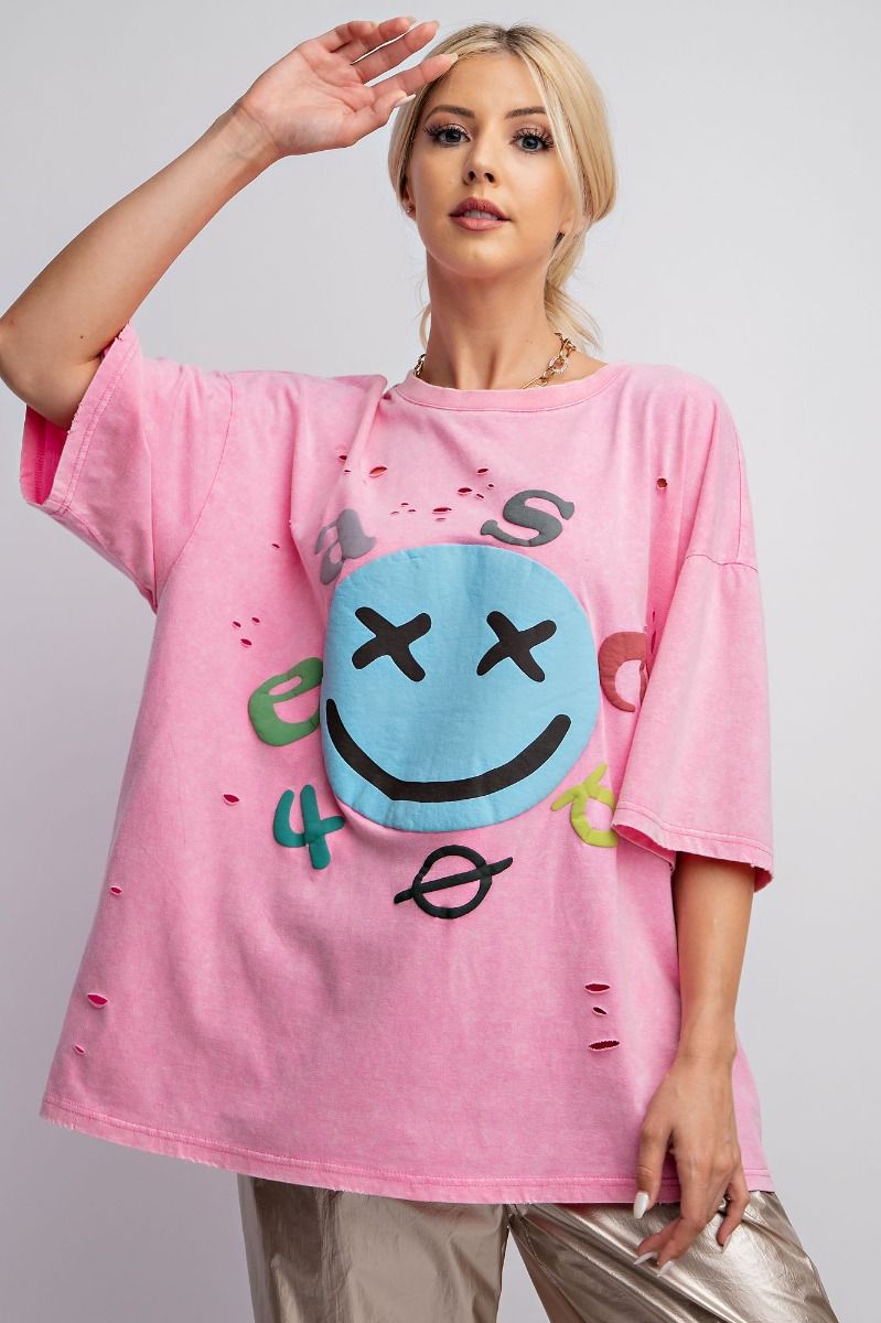Easel Plus Mineral Washed Smiley Face Distressed Tops