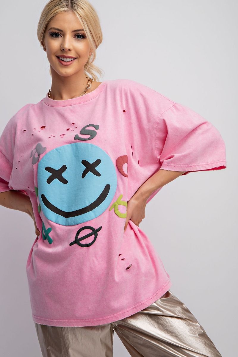 Easel Plus Mineral Washed Smiley Face Distressed Tops